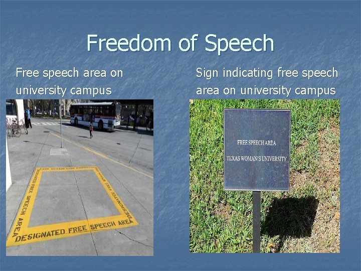 Freedom of Speech Free speech area on university campus Sign indicating free speech area