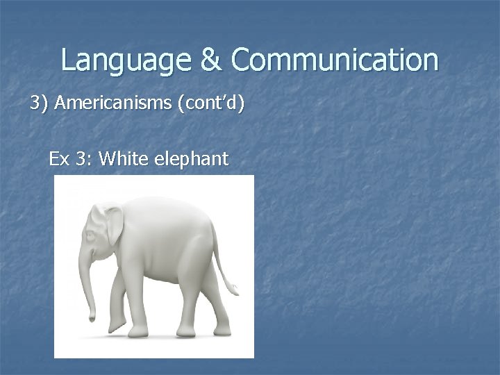 Language & Communication 3) Americanisms (cont’d) Ex 3: White elephant 