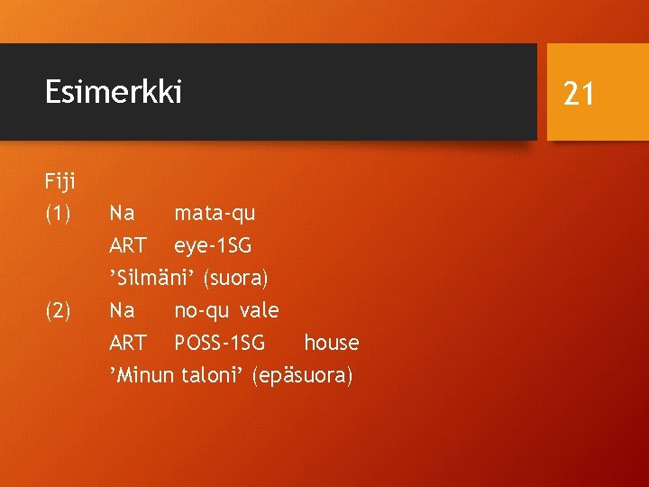 Esimerkki Fiji (1) (2) Na mata-qu ART eye-1 SG ’Silmäni’ (suora) Na no-qu vale