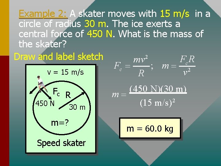 Example 2: A skater moves with 15 m/s in a circle of radius 30