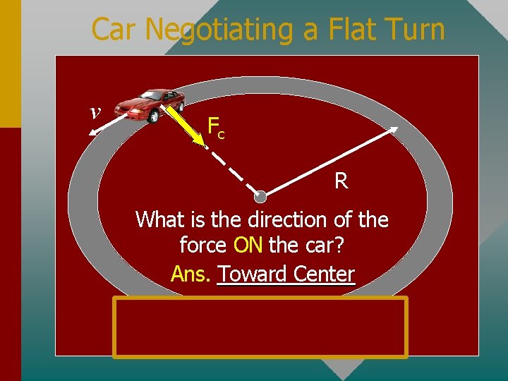Car Negotiating a Flat Turn v Fc R What is the direction of the