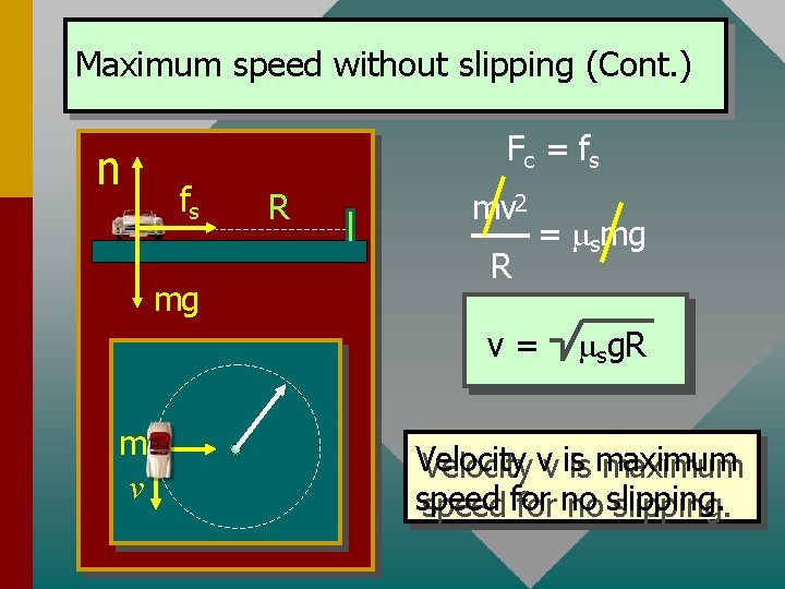 Maximum speed without slipping (Cont. ) n Fc = fs fs mg R mv