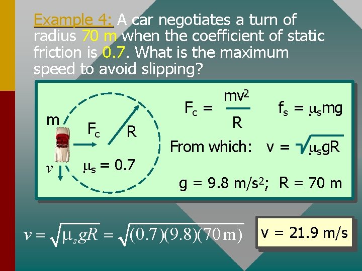 Example 4: A car negotiates a turn of radius 70 m when the coefficient