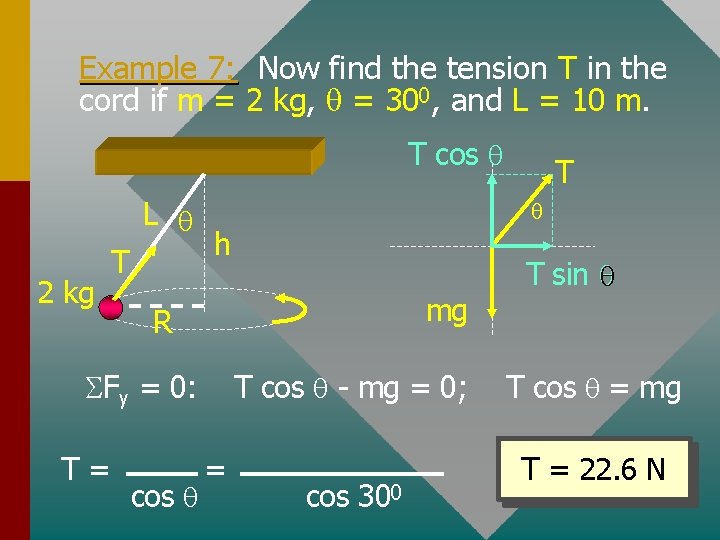 Example 7: Now find the tension T in the cord if m = 2