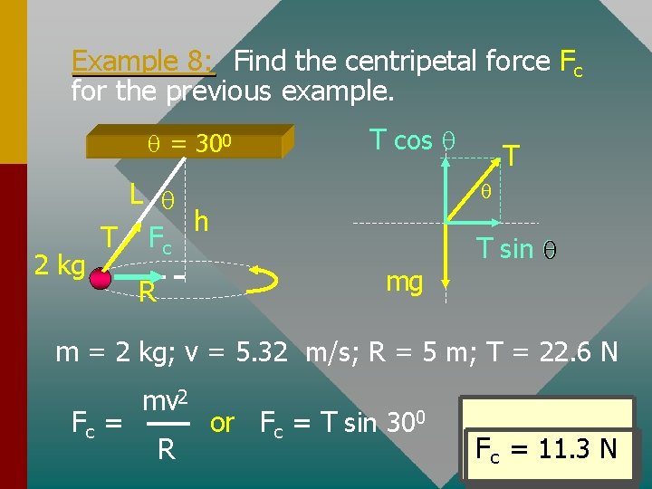 Example 8: Find the centripetal force Fc for the previous example. = 300 2