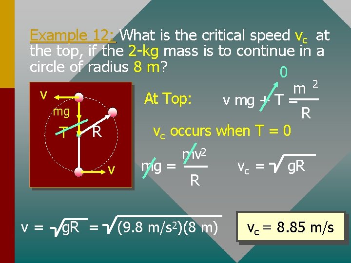 Example 12: What is the critical speed vc at the top, if the 2