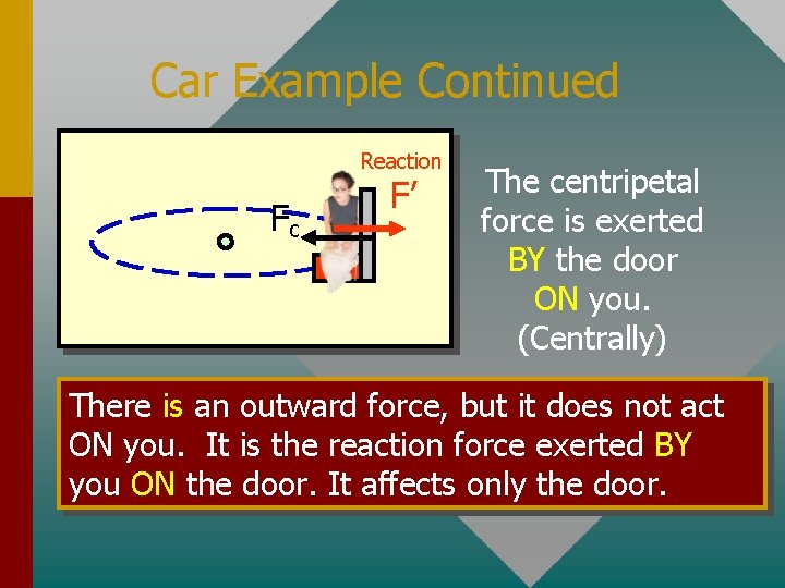 Car Example Continued Reaction Fc F’ The centripetal force is exerted BY the door