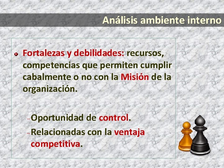 Análisis ambiente interno Fortalezas y debilidades: recursos, competencias que permiten cumplir cabalmente o no