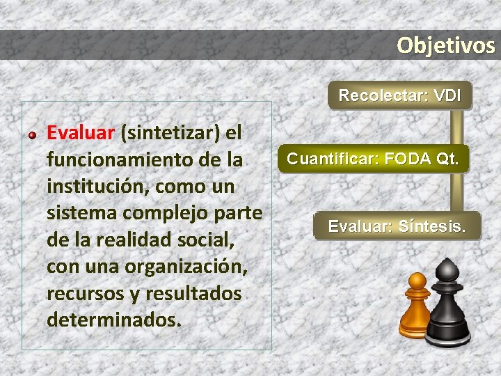 Objetivos Recolectar: VDI Evaluar (sintetizar) el funcionamiento de la institución, como un sistema complejo