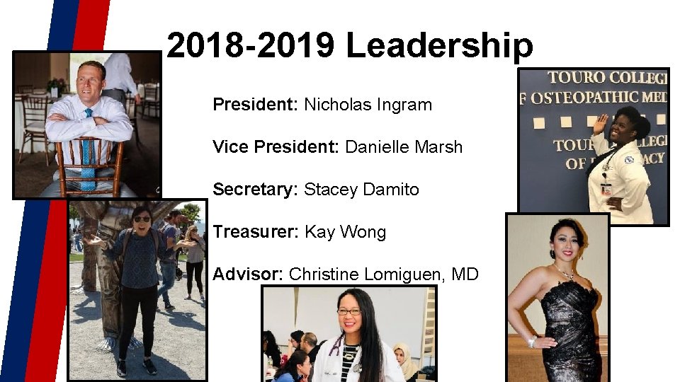 2018 -2019 Leadership President: Nicholas Ingram Vice President: Danielle Marsh Secretary: Stacey Damito Treasurer: 2018 -2019 Leadership President: Nicholas Ingram Vice President: Danielle Marsh Secretary: Stacey Damito Treasurer: