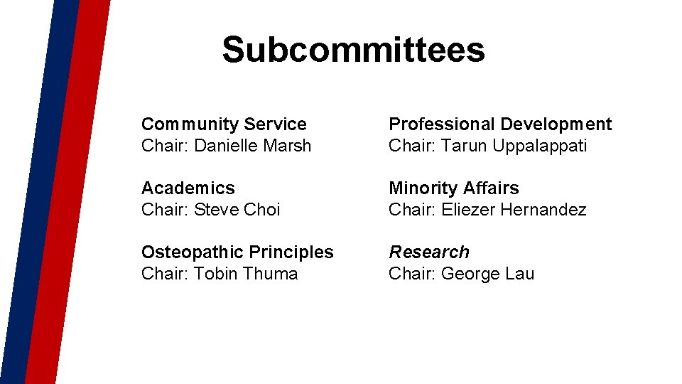 Subcommittees Community Service Chair: Danielle Marsh Professional Development Chair: Tarun Uppalappati Academics Chair: Steve Subcommittees Community Service Chair: Danielle Marsh Professional Development Chair: Tarun Uppalappati Academics Chair: Steve