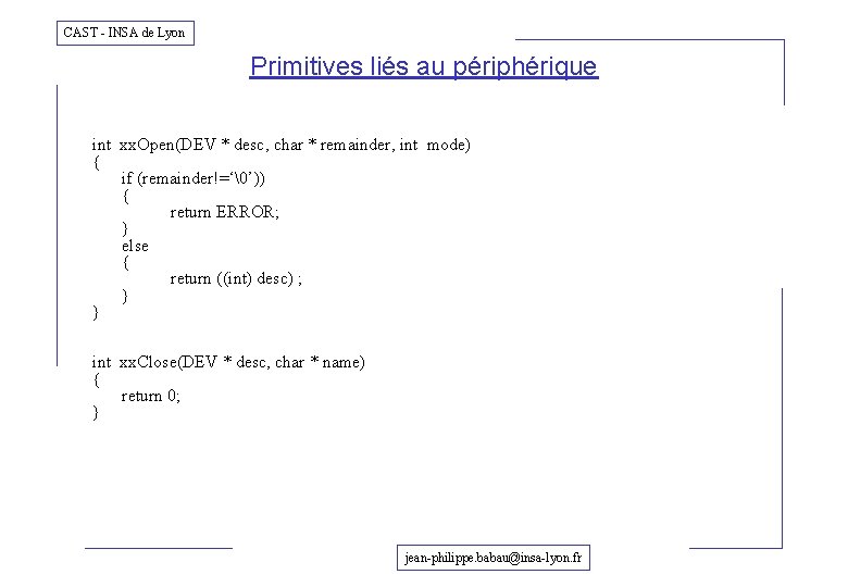 CAST - INSA de Lyon Primitives liés au périphérique int xx. Open(DEV * desc,