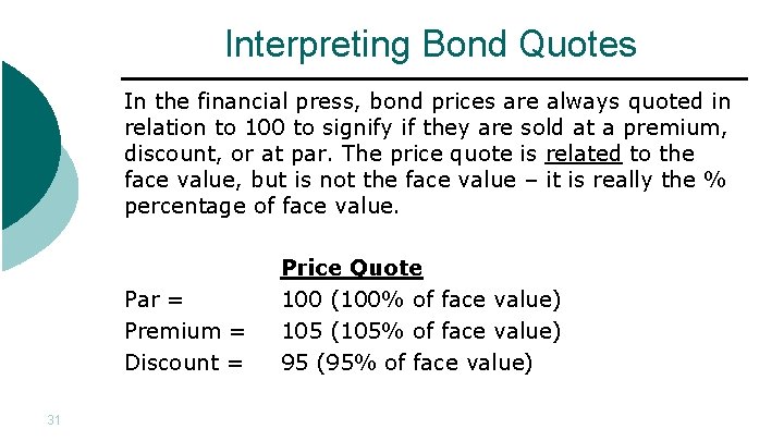 Interpreting Bond Quotes In the financial press, bond prices are always quoted in relation