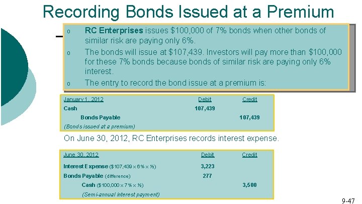 Recording Bonds Issued at a Premium o o o RC Enterprises issues $100, 000