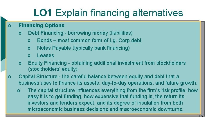 LO 1 Explain financing alternatives o o Financing Options o Debt Financing - borrowing