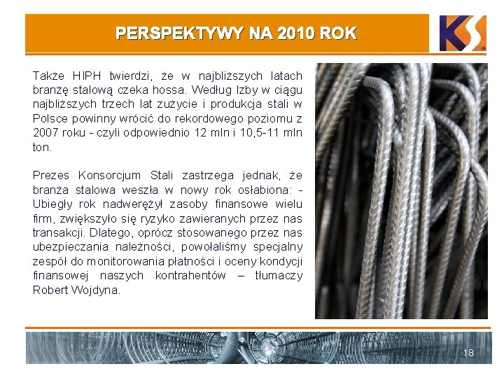 PERSPEKTYWY NA 2010 ROK Także HIPH twierdzi, że w najbliższych latach branżę stalową czeka