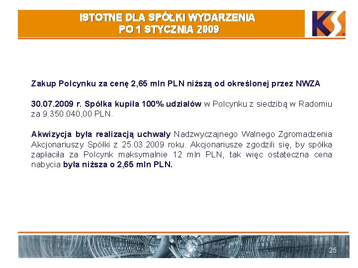 ISTOTNE DLA SPÓŁKI WYDARZENIA PO 1 STYCZNIA 2009 Zakup Polcynku za cenę 2, 65