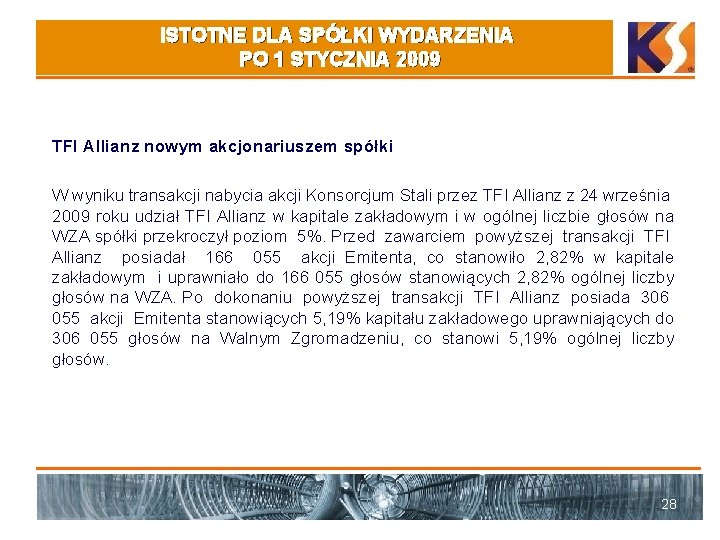 ISTOTNE DLA SPÓŁKI WYDARZENIA PO 1 STYCZNIA 2009 TFI Allianz nowym akcjonariuszem spółki W