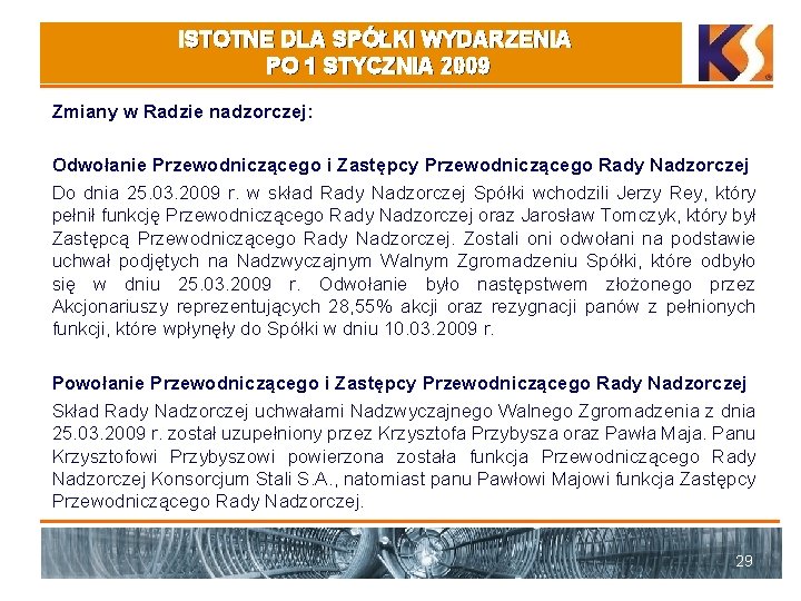 ISTOTNE DLA SPÓŁKI WYDARZENIA PO 1 STYCZNIA 2009 Zmiany w Radzie nadzorczej: Odwołanie Przewodniczącego