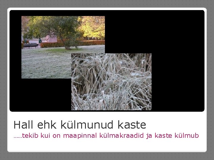 Hall ehk külmunud kaste ……tekib kui on maapinnal külmakraadid ja kaste külmub 