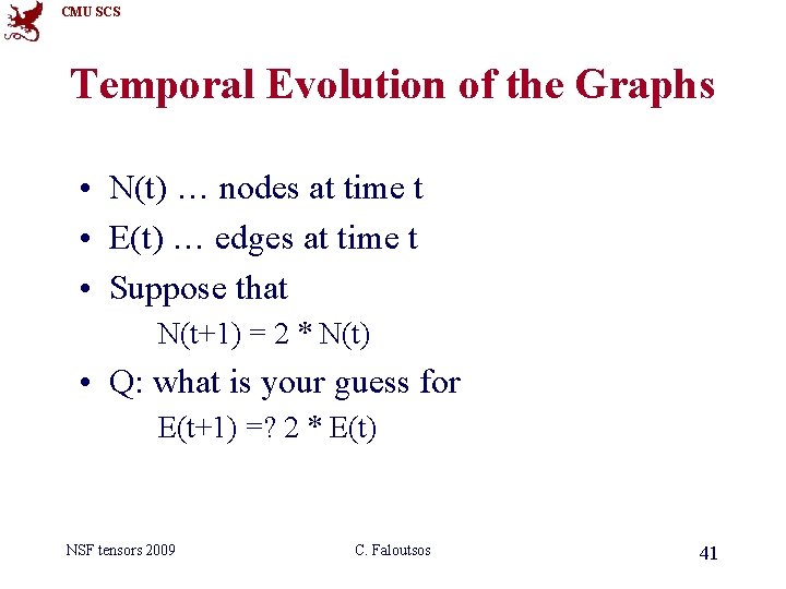 CMU SCS Temporal Evolution of the Graphs • N(t) … nodes at time t