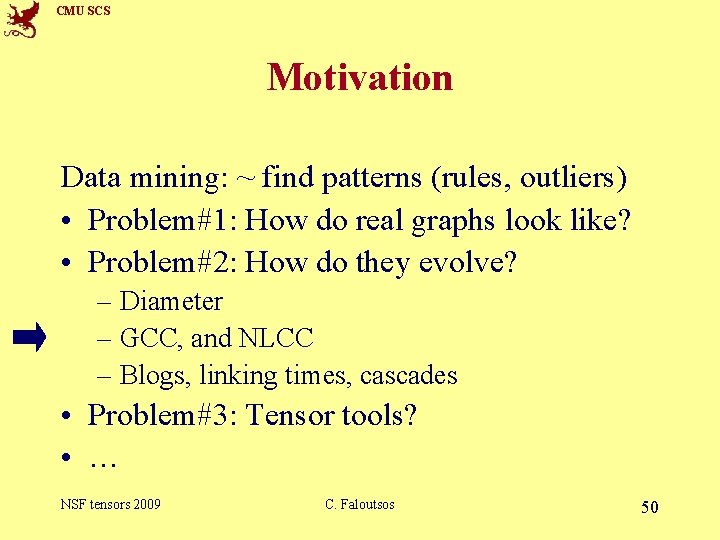 CMU SCS Motivation Data mining: ~ find patterns (rules, outliers) • Problem#1: How do