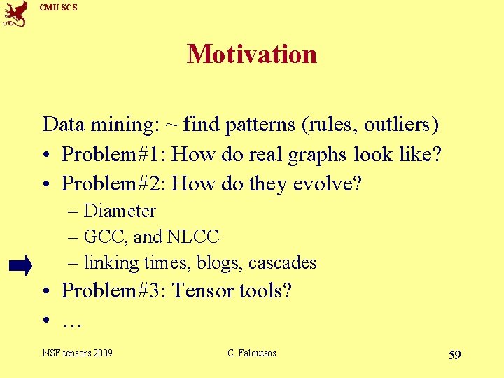 CMU SCS Motivation Data mining: ~ find patterns (rules, outliers) • Problem#1: How do