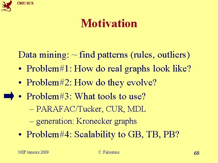 CMU SCS Motivation Data mining: ~ find patterns (rules, outliers) • Problem#1: How do