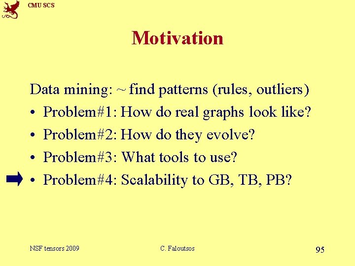 CMU SCS Motivation Data mining: ~ find patterns (rules, outliers) • Problem#1: How do