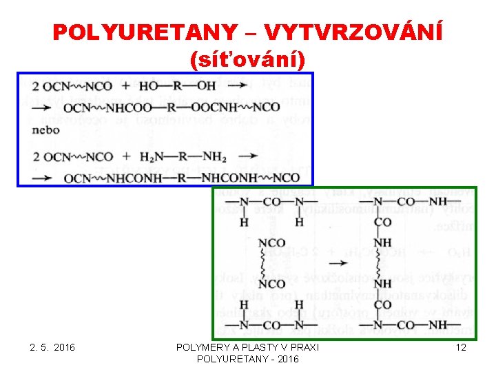 POLYURETANY – VYTVRZOVÁNÍ (síťování) 2. 5. 2016 POLYMERY A PLASTY V PRAXI POLYURETANY - POLYURETANY – VYTVRZOVÁNÍ (síťování) 2. 5. 2016 POLYMERY A PLASTY V PRAXI POLYURETANY -