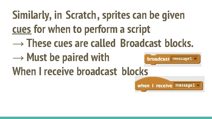 Similarly, in Scratch, sprites can be given cues for when to perform a script