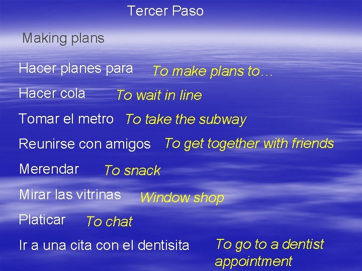 Tercer Paso Making plans Hacer planes para Hacer cola To make plans to… To