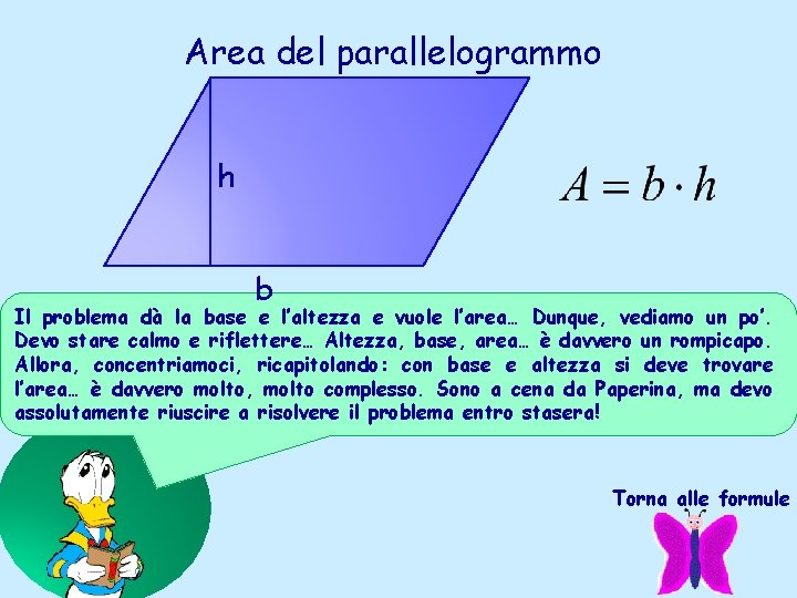 Area del parallelogrammo h b Il problema dà la base e l’altezza e vuole Area del parallelogrammo h b Il problema dà la base e l’altezza e vuole