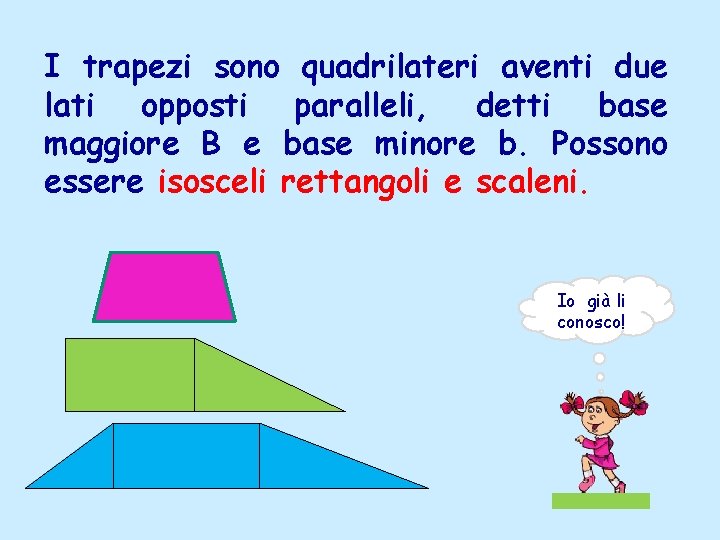 I trapezi sono quadrilateri aventi due lati opposti paralleli, detti base maggiore B e I trapezi sono quadrilateri aventi due lati opposti paralleli, detti base maggiore B e