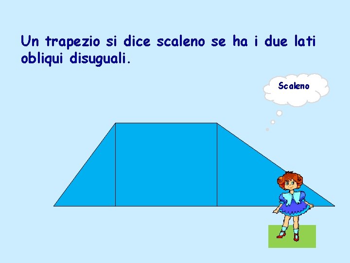 Un trapezio si dice scaleno se ha i due lati obliqui disuguali. Scaleno Un trapezio si dice scaleno se ha i due lati obliqui disuguali. Scaleno