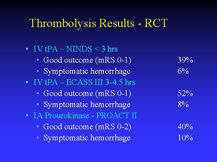 Thrombolysis Results - RCT • IV t. PA – NINDS < 3 hrs • Thrombolysis Results - RCT • IV t. PA – NINDS < 3 hrs •