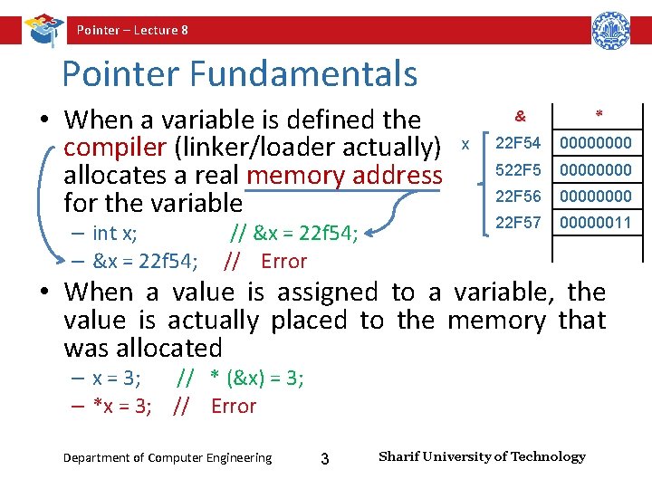 Pointer – Lecture 8 Pointer Fundamentals • When a variable is defined the compiler