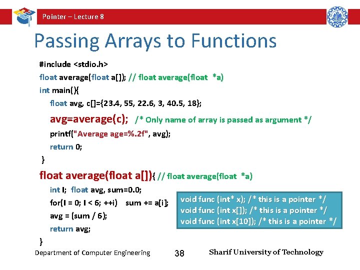 Pointer – Lecture 8 Passing Arrays to Functions #include <stdio. h> float average(float a[]);