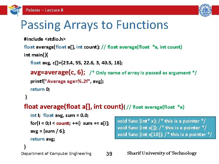 Pointer – Lecture 8 Passing Arrays to Functions #include <stdio. h> float average(float a[],