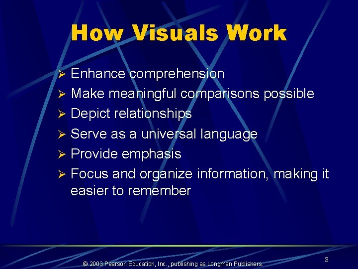How Visuals Work Ø Enhance comprehension Ø Make meaningful comparisons possible Ø Depict relationships