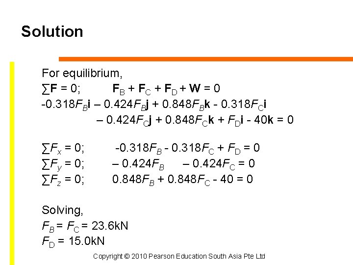 Solution For equilibrium, ∑F = 0; FB + FC + FD + W =