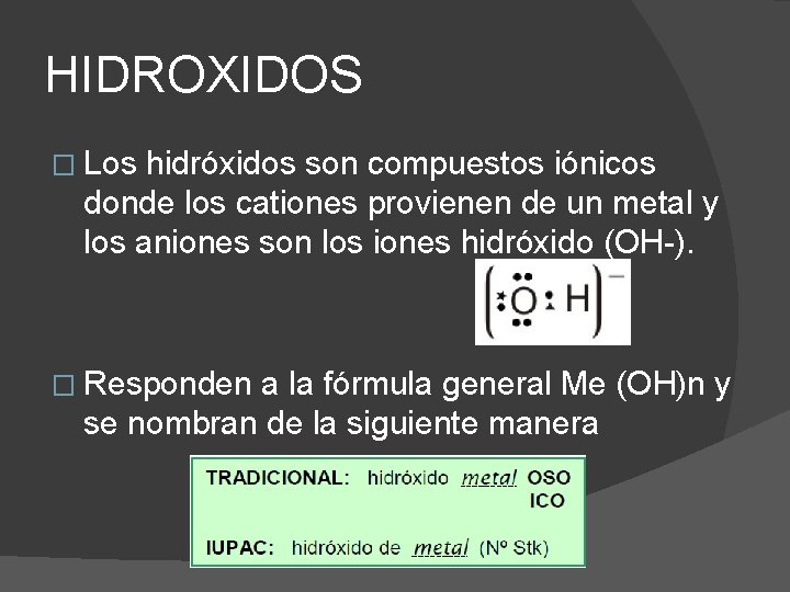 HIDROXIDOS � Los hidróxidos son compuestos iónicos donde los cationes provienen de un metal