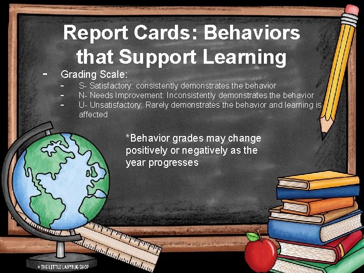 - Report Cards: Behaviors that Support Learning Grading Scale: - S- Satisfactory: consistently demonstrates