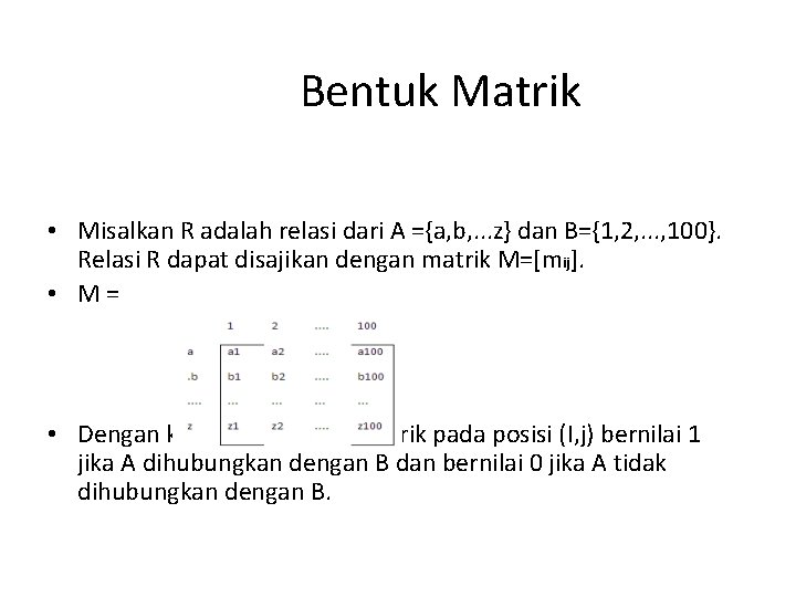 Bentuk Matrik • Misalkan R adalah relasi dari A ={a, b, . . .