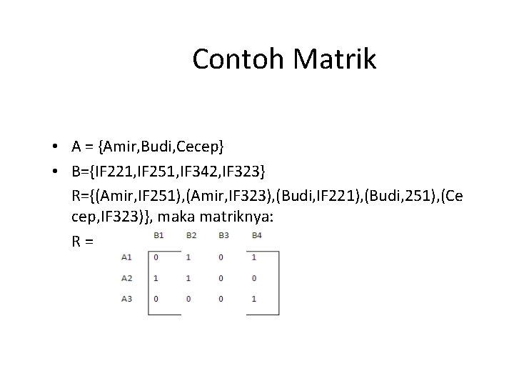 Contoh Matrik • A = {Amir, Budi, Cecep} • B={IF 221, IF 251, IF