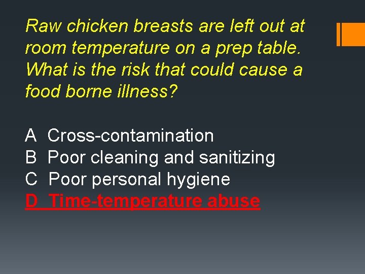 Raw chicken breasts are left out at room temperature on a prep table. What