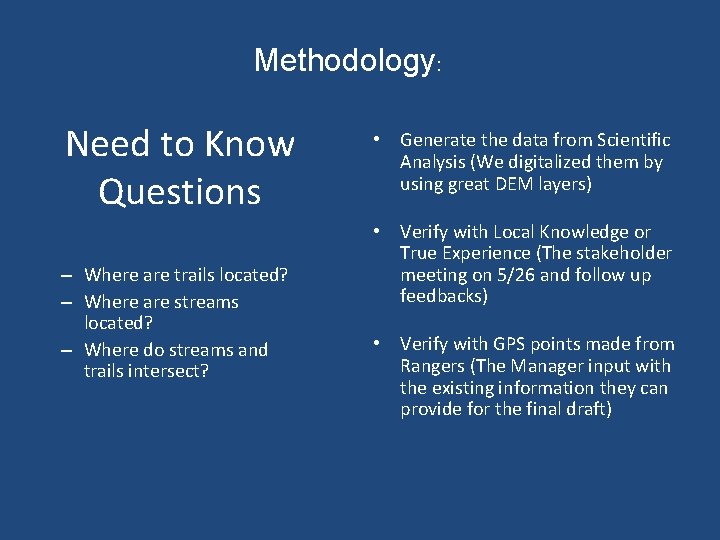 Methodology: Need to Know Questions – Where are trails located? – Where are streams