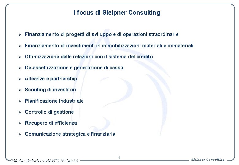 I focus di Sleipner Consulting Ø Finanziamento di progetti di sviluppo e di operazioni