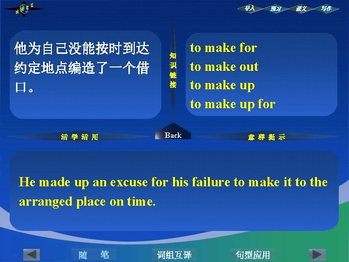 NH CE 导入 移向, 走向 他为自己没能按时到达 勉强了解 约定地点编造了一个借 和解, 化妆, 虚构 口。 补偿 知 NH CE 导入 移向, 走向 他为自己没能按时到达 勉强了解 约定地点编造了一个借 和解, 化妆, 虚构 口。 补偿 知