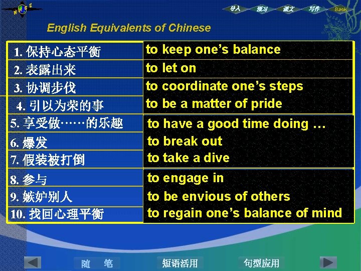 NH CE 导入 预习 课文 写作 Back English Equivalents of Chinese 1. 保持心态平衡 2. NH CE 导入 预习 课文 写作 Back English Equivalents of Chinese 1. 保持心态平衡 2.